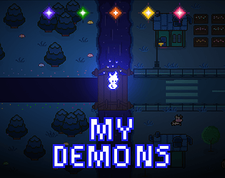 My Demons cover art: Luos, a small glowing ghost, on a dark village path under five colored lights.