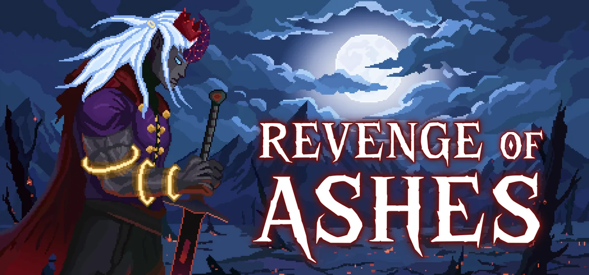 Revenge of Ashes cover art: Ashes, a white-haired prince with a crown and sword, under a full moon.